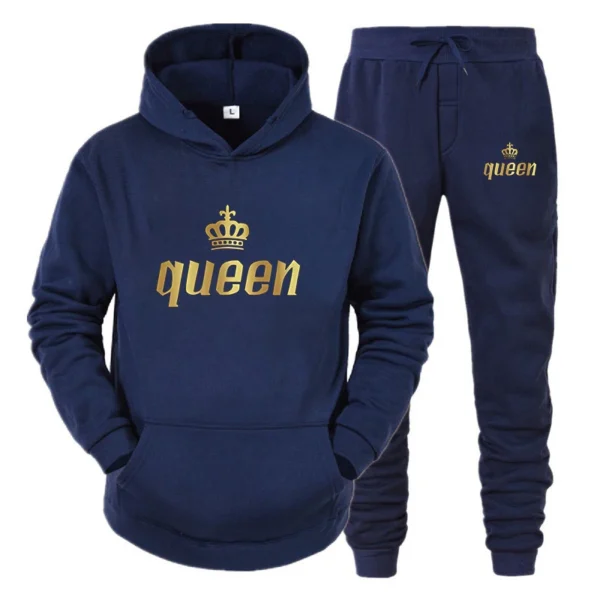 Fashion Long Sleeves KING And QUEEN Printed Hooded Suits Autumn Winter Couple Hoodie + Pants 2-Piece Suit - Image 3