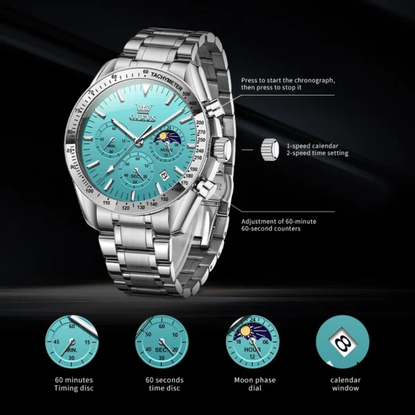 Silver analog watch with a blue face.