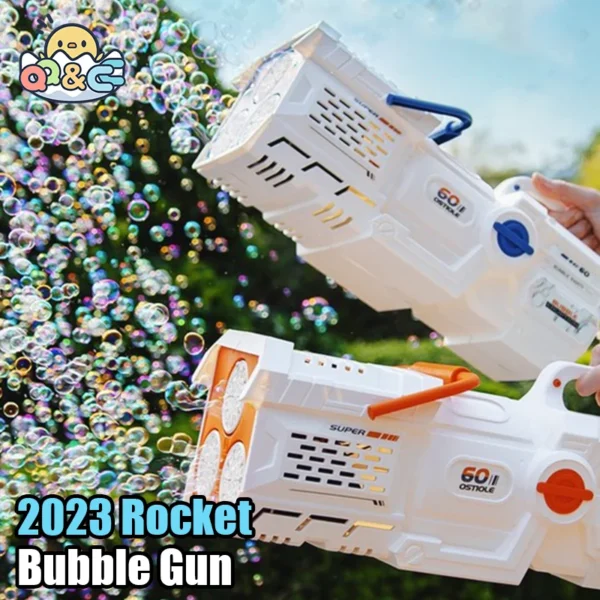 Two white bubble guns blowing bubbles.