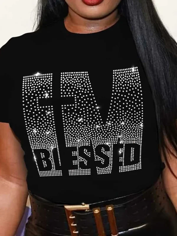 Plus Size Women's Rhinestone Letter Short Sleeve T-Shirt - Comfortable Stretch Casual Tee