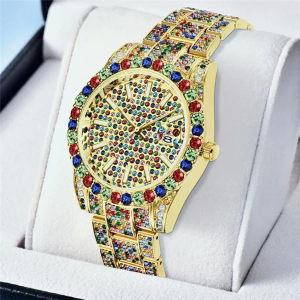 Gold watch with colorful crystal accents.