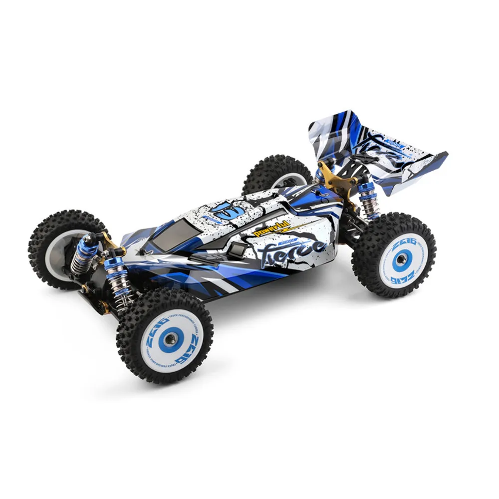 Blue and white remote control race car.