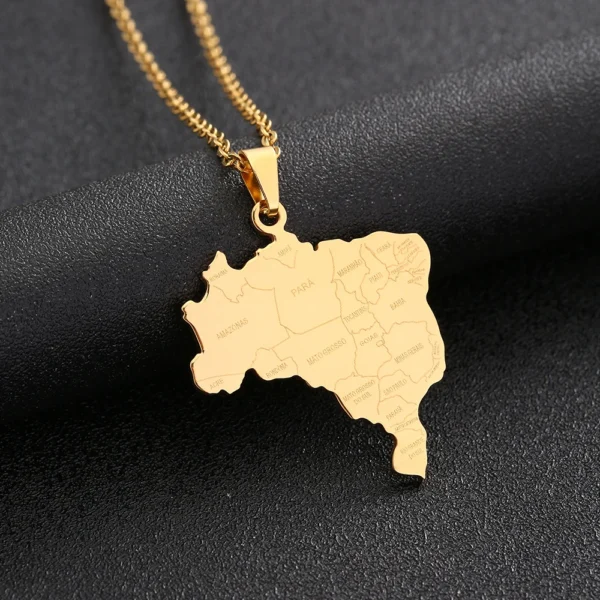 Gold necklace with Brazil map pendant.