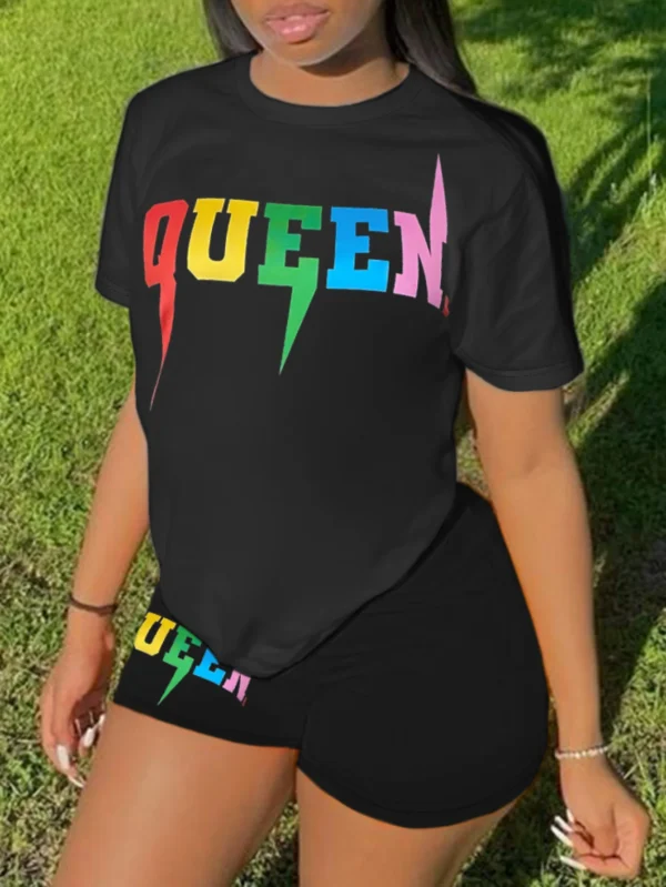 4XL 5XL LW Plus Size Queen Letter Print Shorts Set Summer Women Round Neck T-Shirt And Print Shorts Without Pocket - Image 3