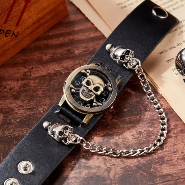 Black leather skull watch with chain.