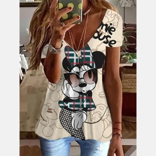 Women's Mickey Mouse Print V-neck T-shirt Tank Top Women's Summer Casual Basic Elastic Tank Top Fashion Women's T-shirt Tunic To - Image 2