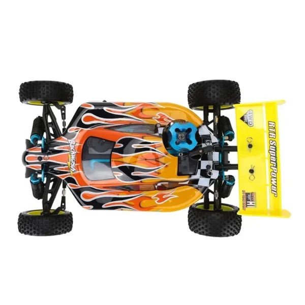 Yellow and black RC car with flames.