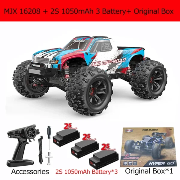 RC monster truck with accessories and batteries.