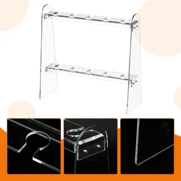 Clear acrylic two-tier bottle display stand.