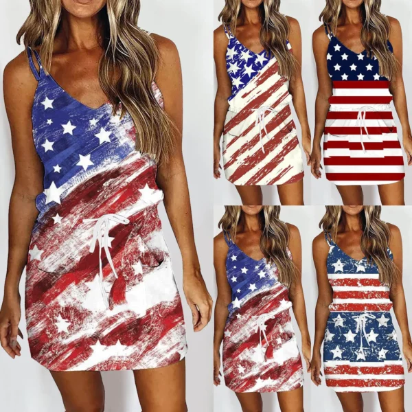 Women Beach Dress Fashion Stripe Sleeveless Backless Camisole Beach Mini Sundress Day American Flag Print Streetwear Sleeveless