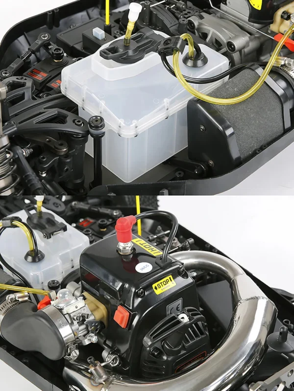 RC car engine and fuel tank details.