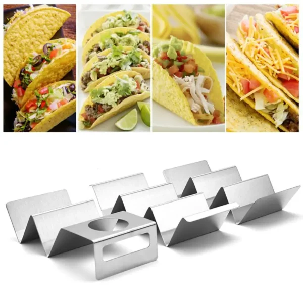 Stainless steel taco holder with tacos.