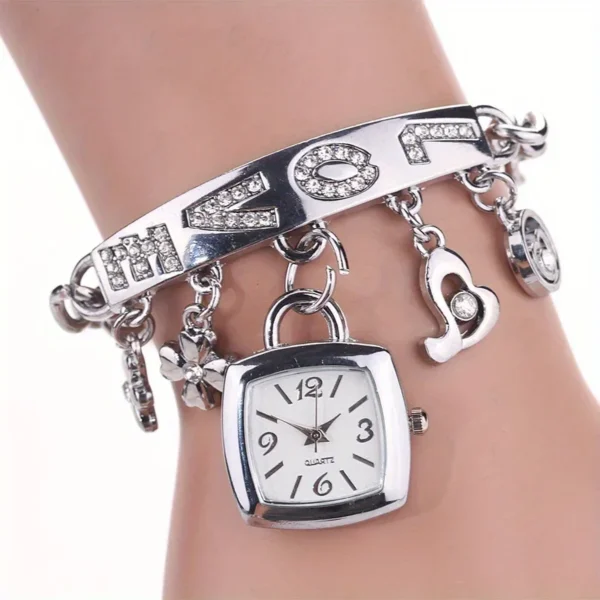 Silver charm bracelet watch with "love"