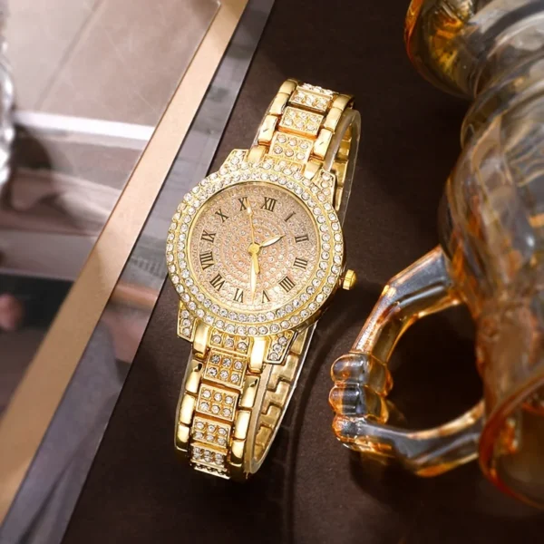 Gold wristwatch with diamond accents.