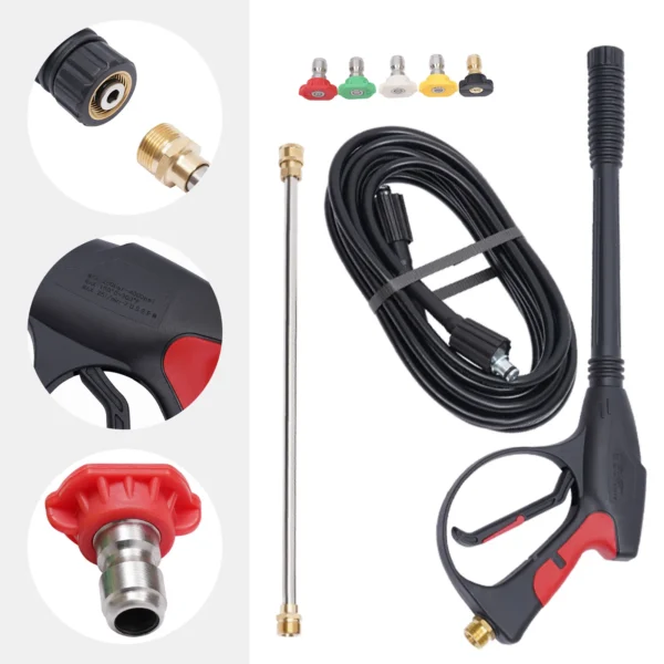 Pressure washer gun with extension wand and nozzles.