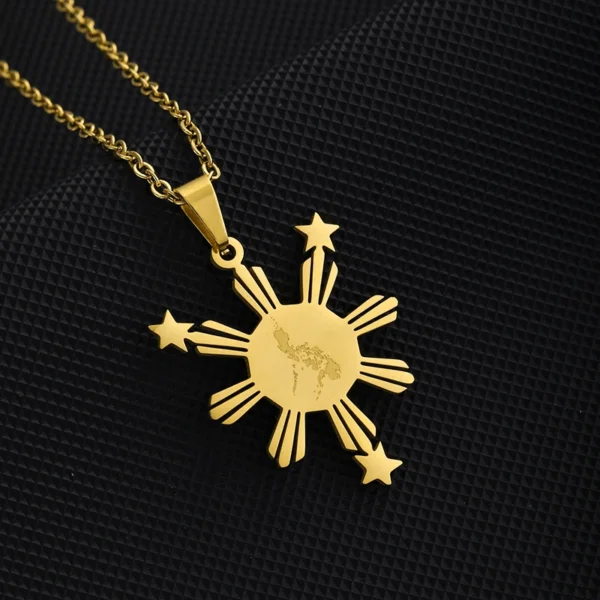 Gold necklace with Philippines sun symbol.