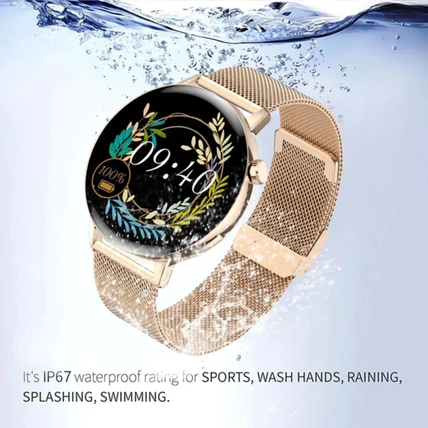 Gold smartwatch with floral design underwater.