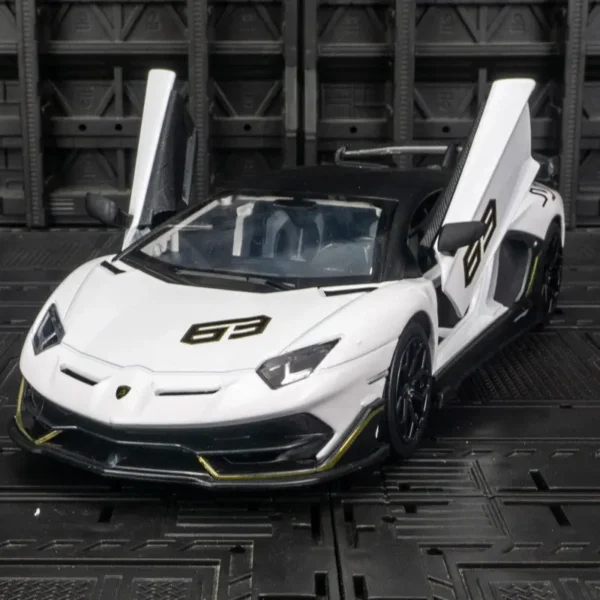 White Lamborghini Aventador SVJ toy car.