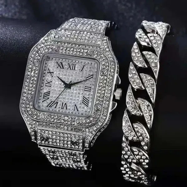 Diamond encrusted watch and bracelet set.