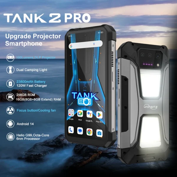 EU US stock Unihertz tank 2 Pro 8849 rugged phone with projector Android 14 100MP 16GB 256gb100mp NFC 120W charger 23800mAh