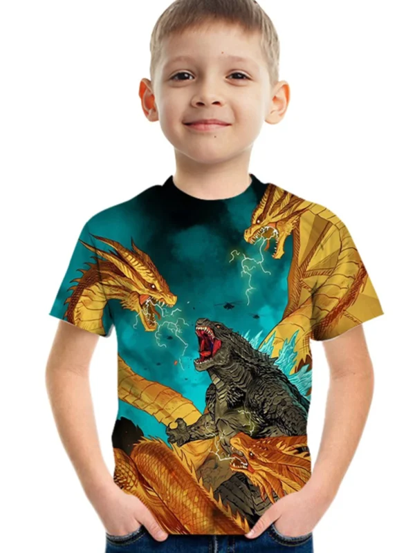 Dinosaur And Dragon 3D Print Boys Creative T-shirt, Casual Lightweight Comfy Short Sleeve Crew Neck Tee Tops, Kids Clothings