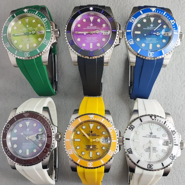 Six colorful wristwatches with different straps.