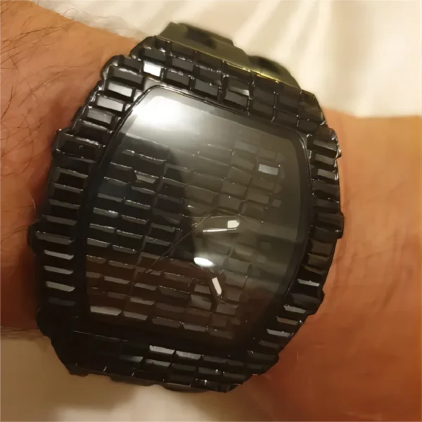 Black wristwatch with a textured band.