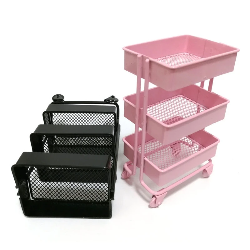 Pink and black metal storage carts.