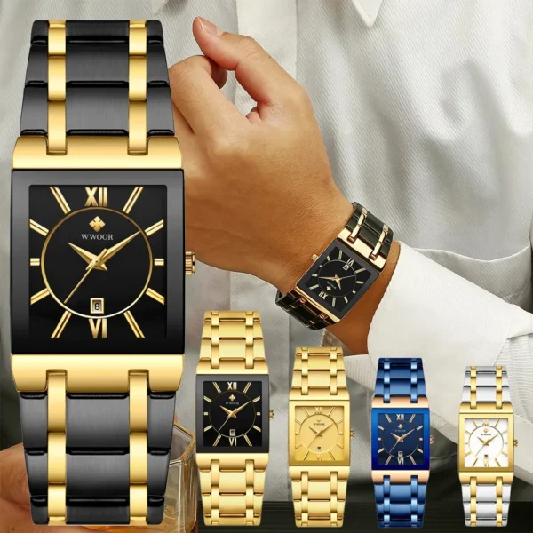 Men's gold and black square watches.