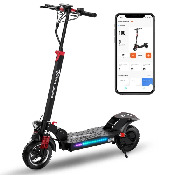 Black electric scooter with app display.