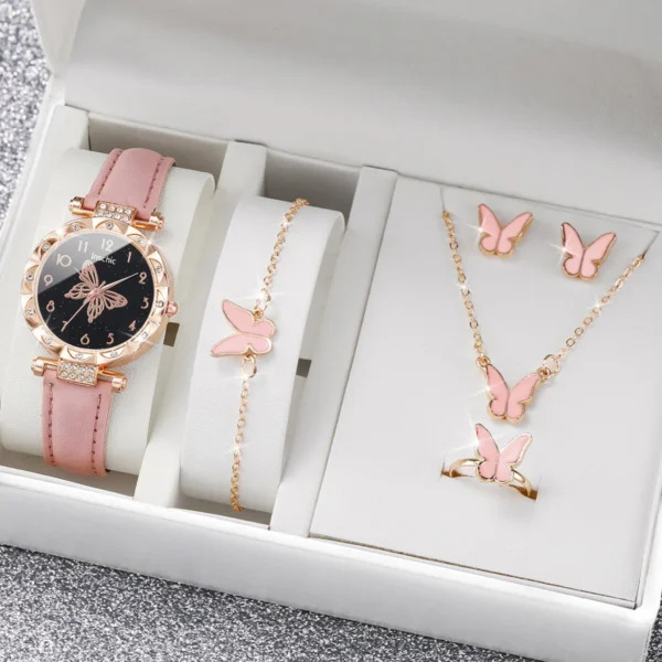 Butterfly jewelry set with watch and ring.