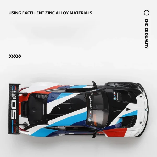 White, blue, and red BMW race car.