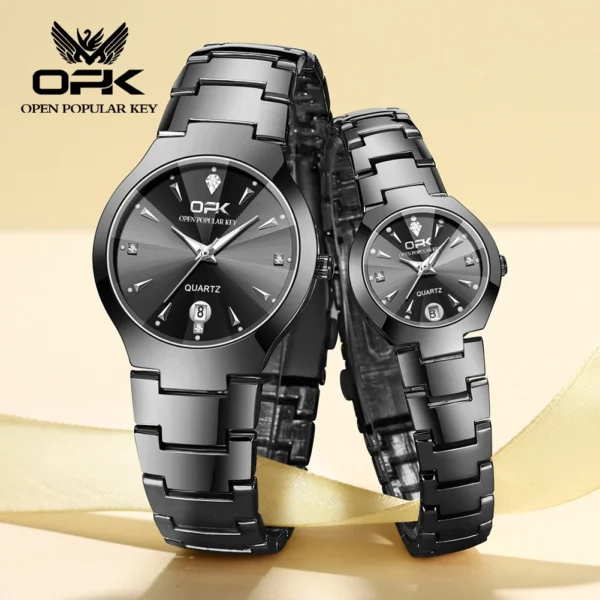 Black ceramic couple wristwatches with diamonds.