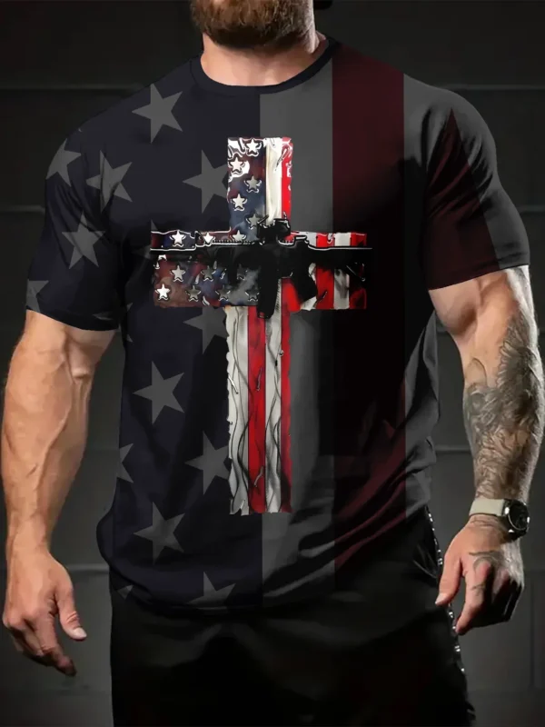 New Harajuku American Flag T-shirt pattern men's loose T-shirt Casual short-sleeved men's O-collar short-sleeved top clothing - Image 4