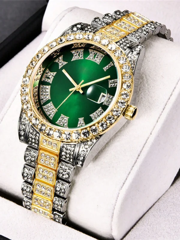 Gold and silver watch with green face and diamonds.