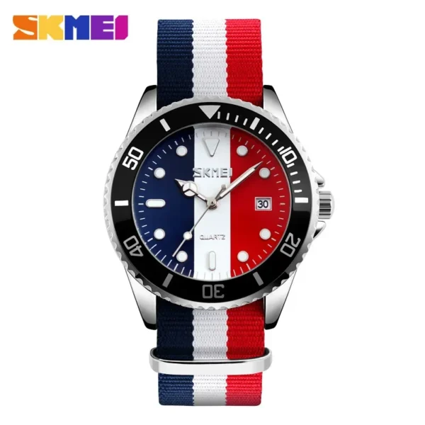 Blue, white, and red watch with a black bezel.