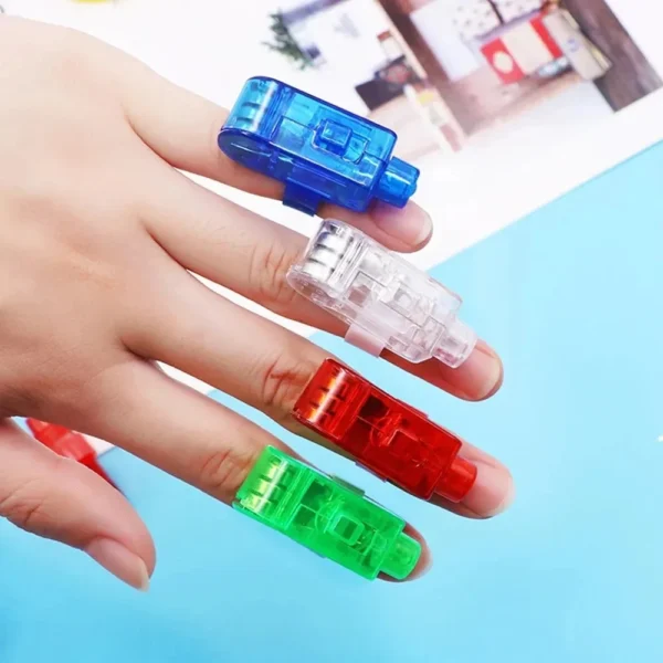 Colorful light-up finger rings on hand.