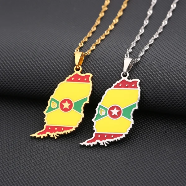 Gold and silver Grenada flag necklaces.