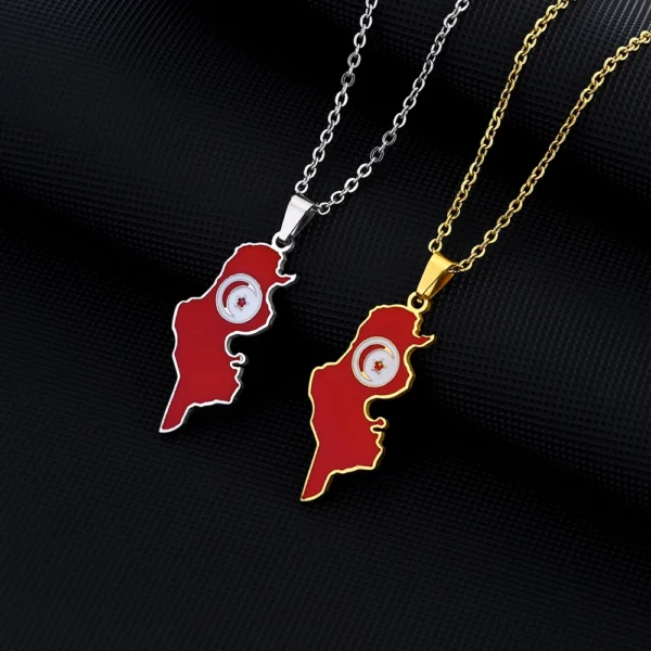 Two Tunisian map necklaces on chains.