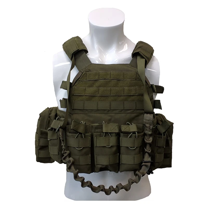 Green tactical vest with pouches and straps.