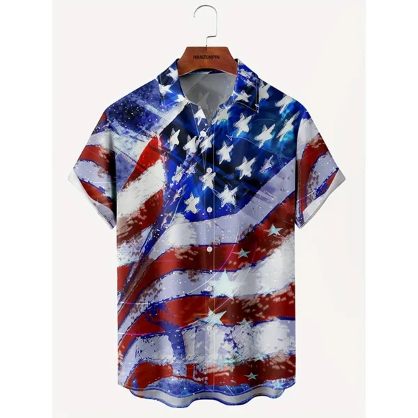 Men's Plus Size Us Flag Print Button Up Shirt Loose Casual Summer Top Fashion Summer Short Sleeve Tee Tops Harajuku Streetwear