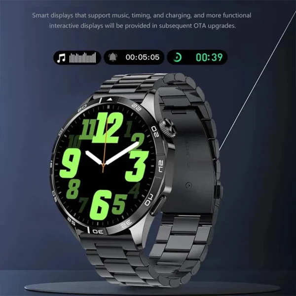 Black smartwatch with green digital display.