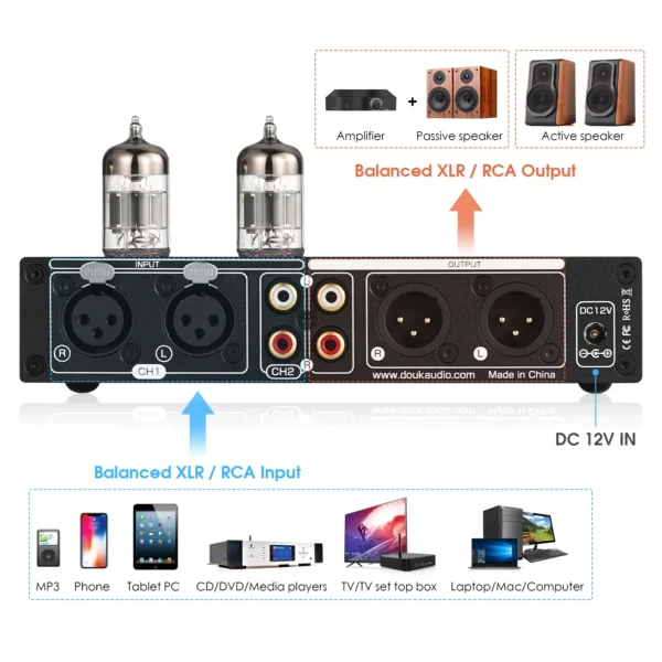 Audio amplifier with balanced XLR/RCA inputs and outputs.