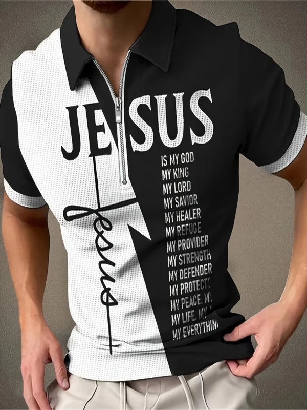 Jesus Letter Print Polo Men's Short Sleeve Golf Polo Shirt For Summer Business Casual Short Sleeve Button Polo Tshirt Streetwear