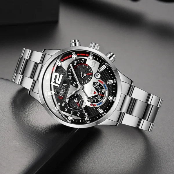 Silver chronograph wristwatch with black face.