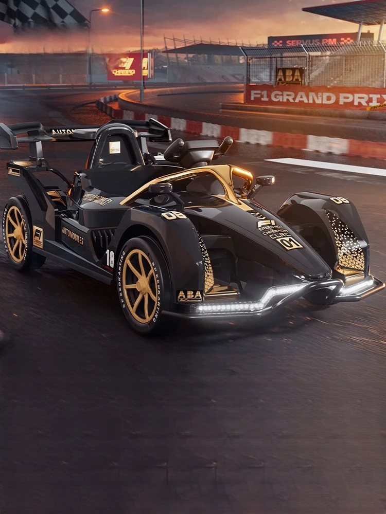 Black and gold race car on track.