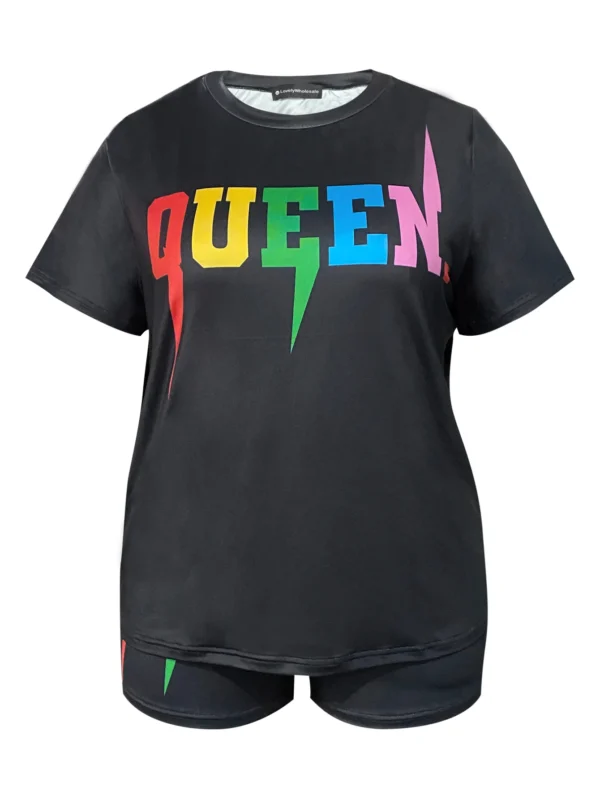 4XL 5XL LW Plus Size Queen Letter Print Shorts Set Summer Women Round Neck T-Shirt And Print Shorts Without Pocket - Image 4