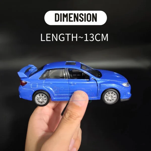 Blue toy car with spoiler, 13cm long.