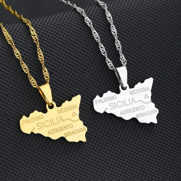 Gold and silver Sicily map necklaces.