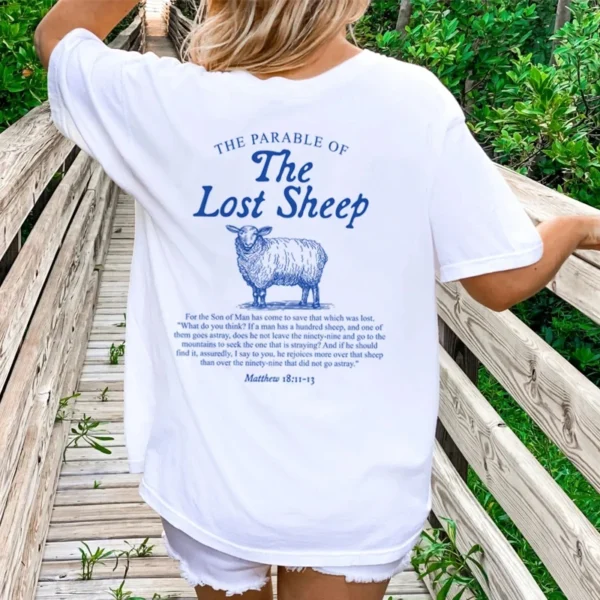 Women Lost Sheep Back Print Bible Verse T-Shirts Christian Inspirational Graphic T Shirt God Worship Tees Religious Cotton Tops